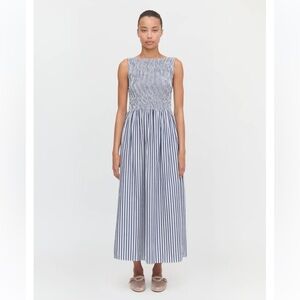 Hill House Home XS Cosima Smocked Navy Striped Midi Dress